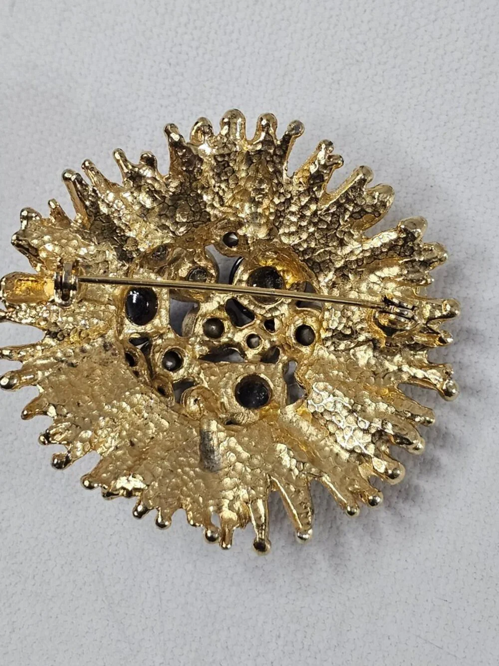 Gold Silver Tone Dome Starburst Brooch Flower Cluster AB Gray Cat Eye Unmarked